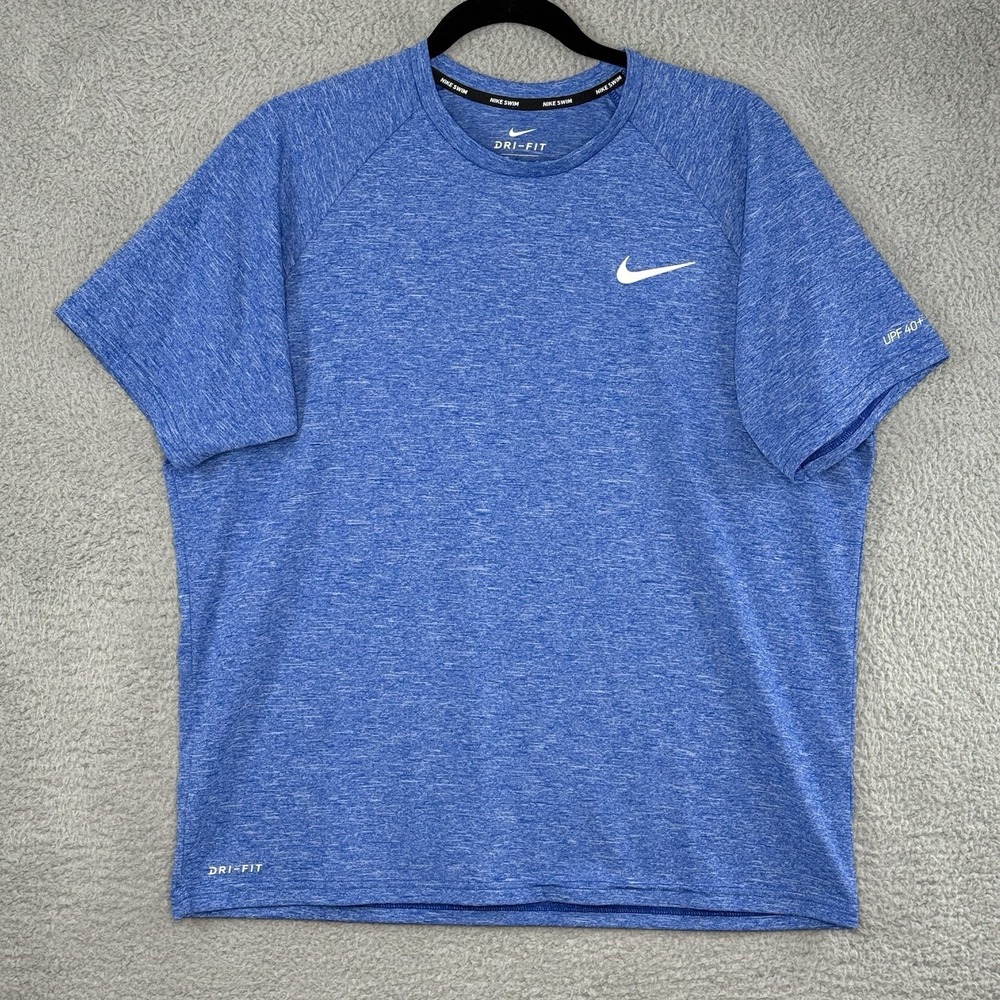 Nike Swim Dri Fit T-Shirt Mens Size L Blue Round Neck Short Sleeve UPF 40 Swoosh